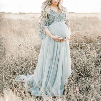 Maternity Deep V Neck Pure Color Photoshoot Dress