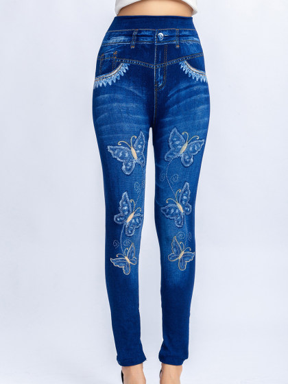 Imitation denim butterfly print hip elastic leggings