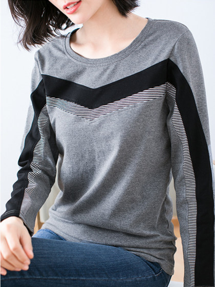 Round Neck Stitching Long Sleeve T-shirt
