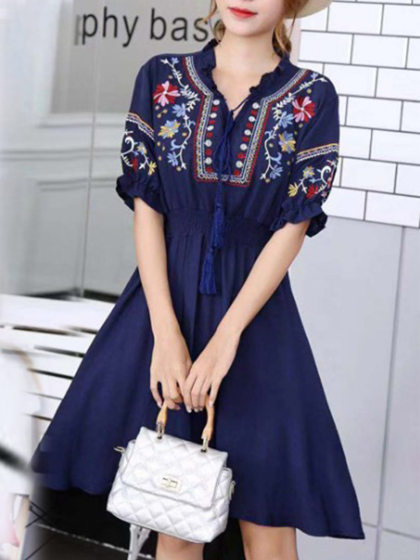 National Embroidered Pleated A-line Skater Dress