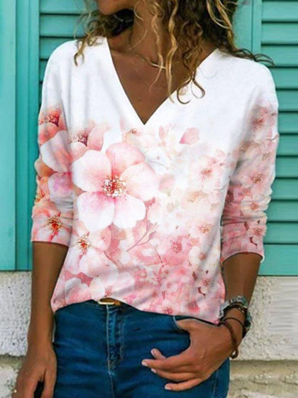 Casual Floral Print V-neck T-Shirt