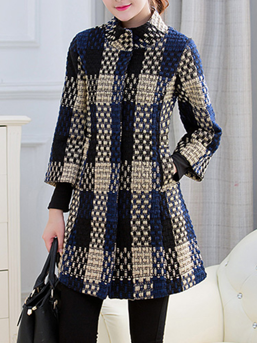 High Neck Slit Pocket Plaid Three-Quarter Sleeve Coats