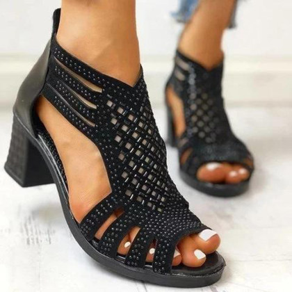 Women's  fashion rhinestone cutout block heel sandals