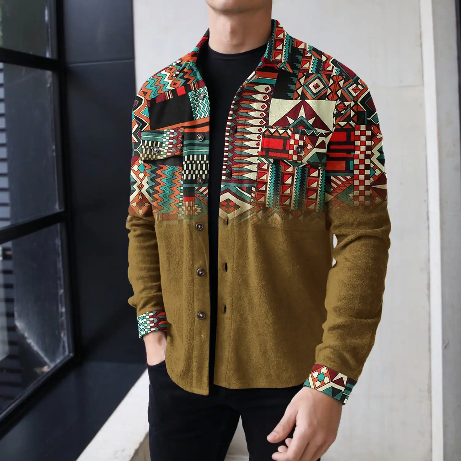 Men's Ethnic Tribal Gradient Colorblock Print Shirt Jacket