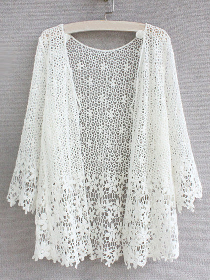 See-through Plain Floral Three-quarter Sleeve Cardigan
