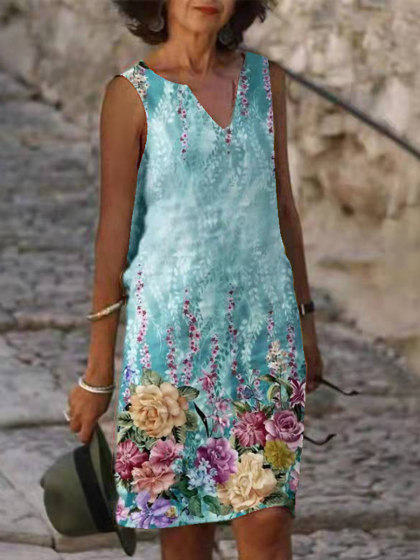 V-neck Loose Casual Print Sleeveless Short Dress